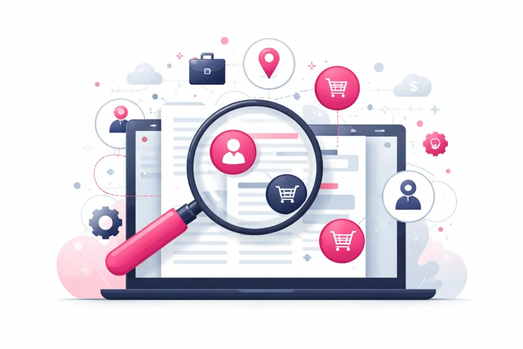 Illustration zur Entity Recognition: Suchsystem erkennt Entitäten wie Personen, Orte und Produkte in einem Dokument