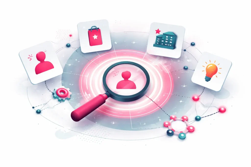 Illustration von Entity Salience mit einer hervorgehobenen zentralen Entität, umgeben von weniger relevanten Entitäten zur Darstellung ihrer unterschiedlichen Bedeutung im Dokument