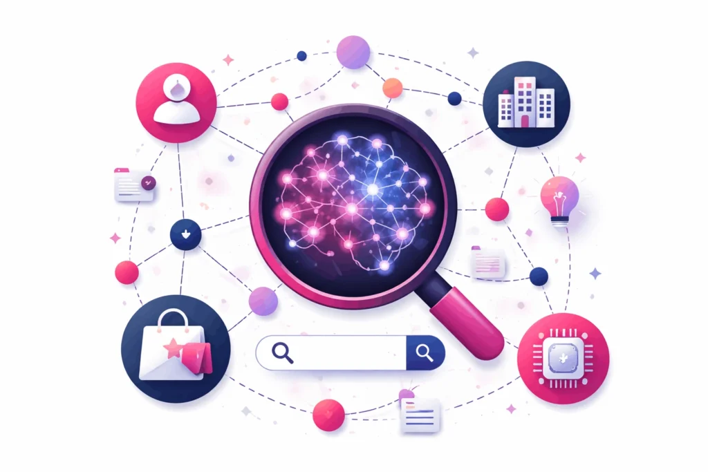 Abstrakte Illustration eines Knowledge Graphs mit verbundenen Entitäten wie Person, Organisation und Konzept, dargestellt als Netzwerkstruktur für Entity SEO.