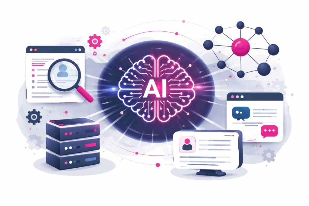 Illustration eines AI-Search-Systems mit neuronalen Netzwerken, Information Retrieval und Entitätsverarbeitung