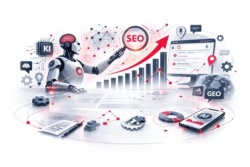 Illustration zu KI-SEO und Generative SEO mit Roboter, Suchanalyse und AI-Search-Optimierung