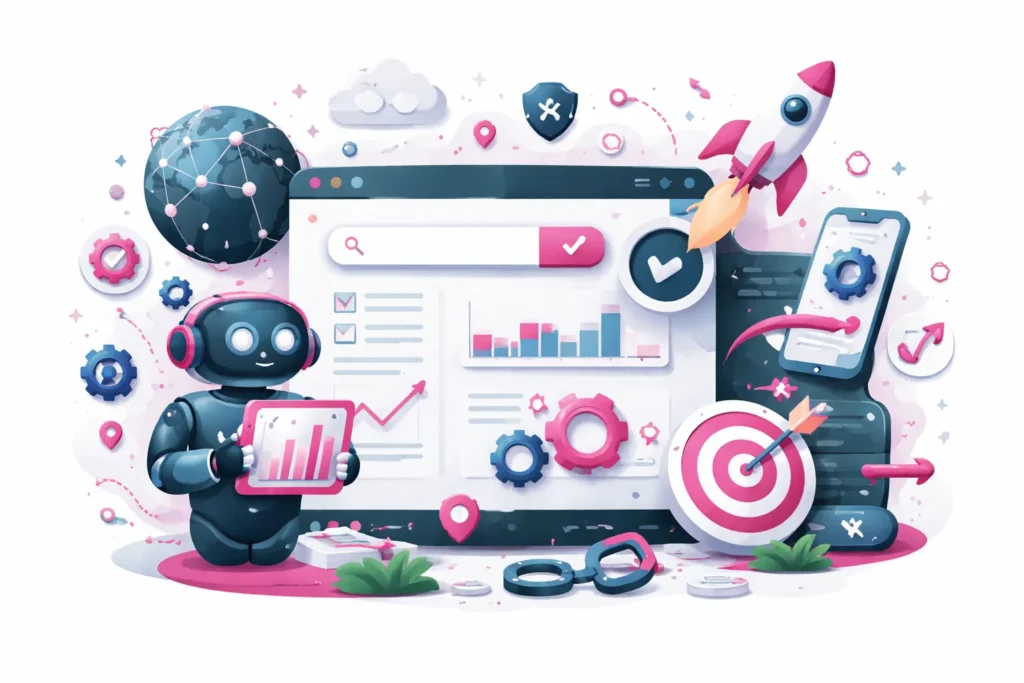 Illustration eines KI-Agenten vor einer Suchoberfläche mit Netzwerk- und Systemelementen, die die Interaktion zwischen Web, Infrastruktur und automatisierten Agenten darstellen