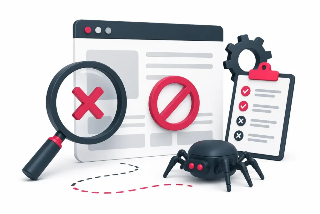 Illustration zu Google indexiert Seiten nicht - mit Suchfenster, Lupe und technischem Crawling-Check