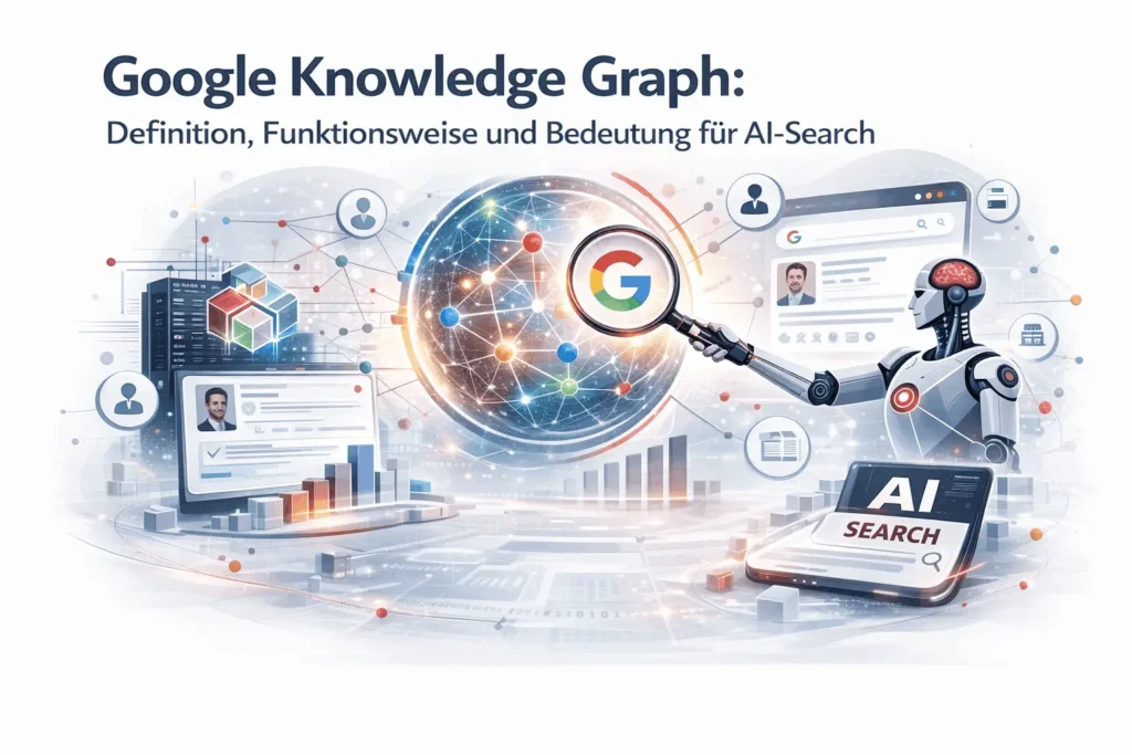 Visualisierung des Google Knowledge Graph mit vernetzten Entitäten, AI-Search und semantischer Datenstruktur