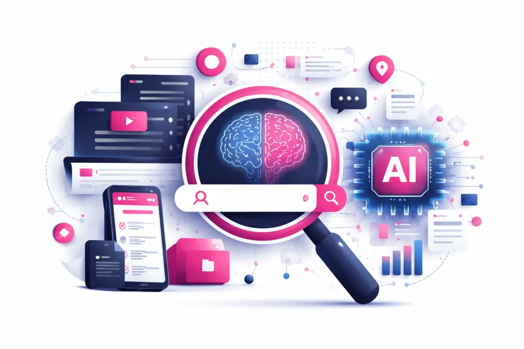 Abstrakte Darstellung von Information Retrieval in AI-Search mit Lupe, Datenquellen und KI-Prozessor in den Farben Pink und Dunkelblau auf weißem Hintergrund