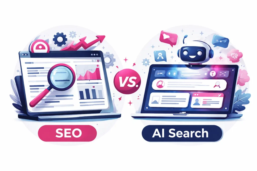 Illustration eines Vergleichs zwischen klassischem SEO mit Suchergebnissen und AI Search mit generierten Antworten, dargestellt durch Laptop mit Lupe und KI-System