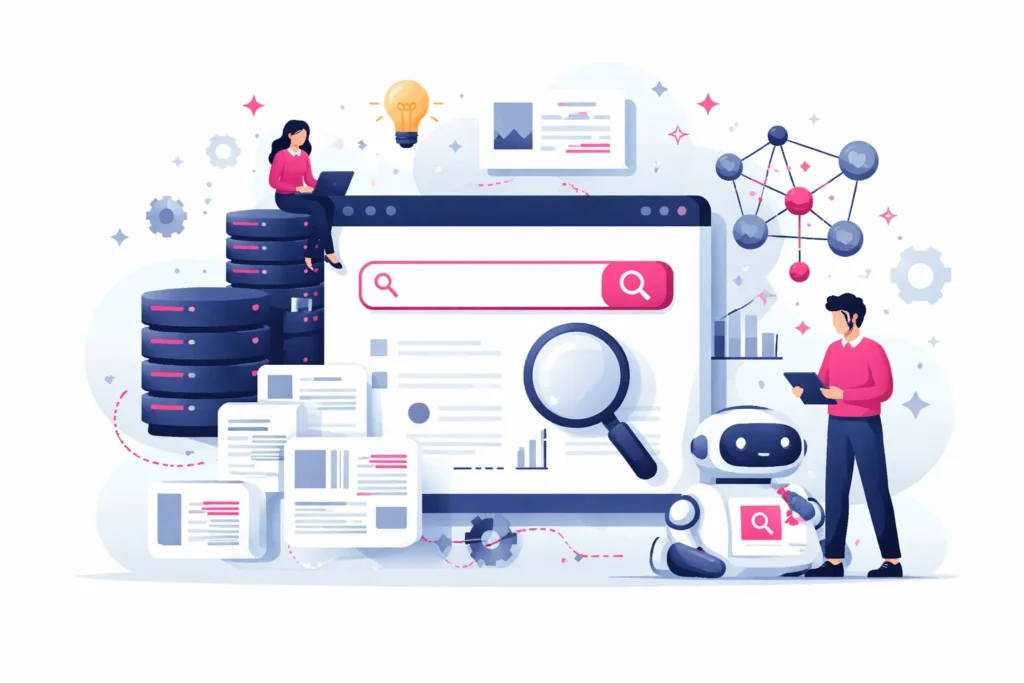 Illustration eines AI-Search-Systems mit Suchmaschine, Dokumentenindex, semantischem Netzwerk und Information-Retrieval-Prozess.