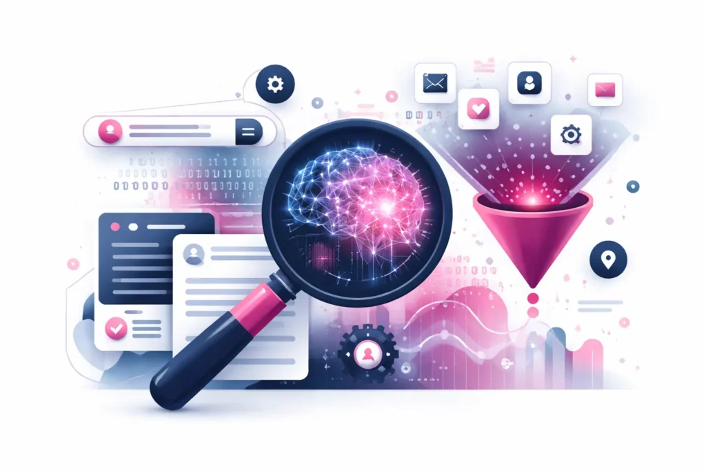 Illustration von Information Retrieval in AI Search mit Lupe, neuronalen Netzwerken und Datenfluss als Auswahlprozess für KI-Antworten