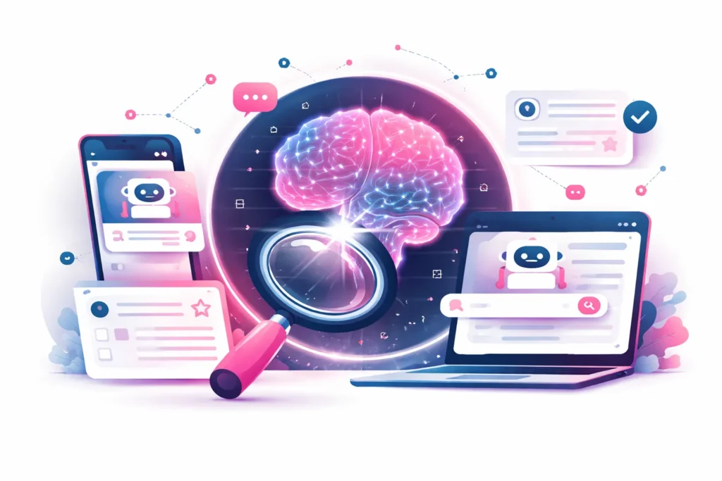 Abstrakte Darstellung von Information Retrieval mit neuronalen Netzwerken und Suchsystemen als Symbol für AI-Sichtbarkeit