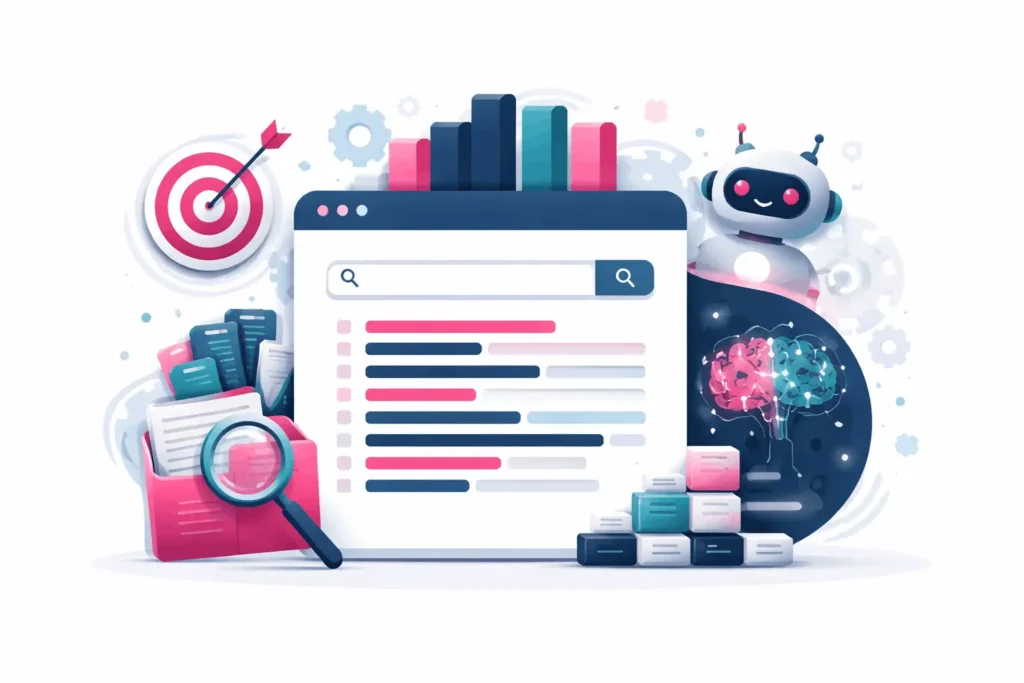 Illustration von Retrieval Models im Information Retrieval: Suchmaschine bewertet Dokumente und erstellt Rankings