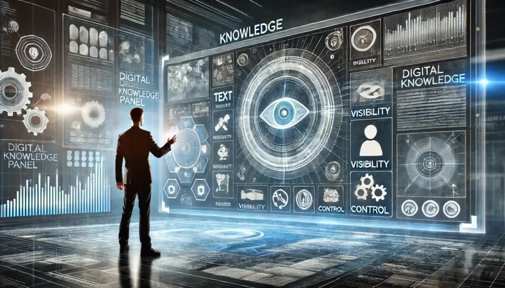 Eine futuristische digitale Schnittstelle mit der Aufschrift „Knowledge“, „Digital Knowledge Panel“ und „Visibility“, vor der eine männliche Silhouette im Anzug steht und ein zentrales Augen-Symbol sowie Kontroll-Elemente bedient.