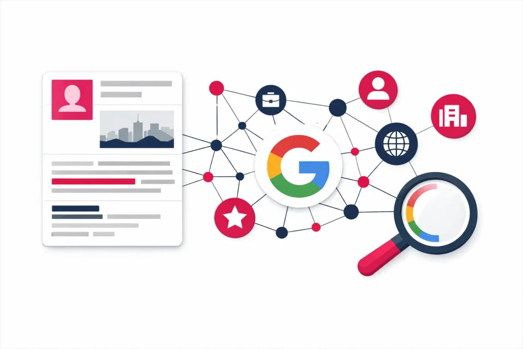 Visualisierung eines Google Knowledge Panels und des Knowledge Graph mit verbundenen Entitäten und Suchanalyse.