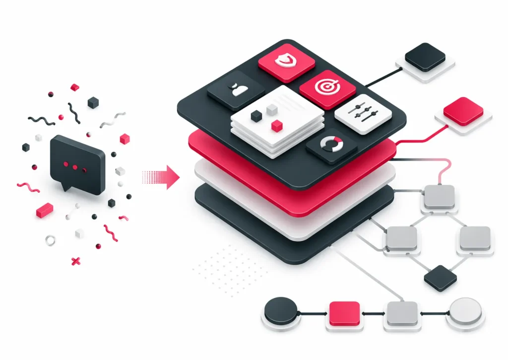 Abstrakte 3D-Illustration auf weißem Hintergrund, die zeigt, wie Prompt Engineering in eine strukturierte Instruction-Design-Architektur mit modularen Ebenen, Regeln, Rollen und verbundenen Systembausteinen übergeht.