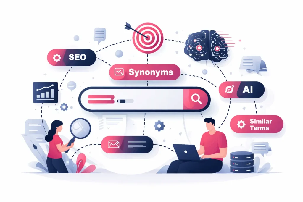 Illustration zur Query Expansion in Suchmaschinen mit Suchleiste, Synonymen, ähnlichen Begriffen und AI-Modellen zur Erweiterung von Suchanfragen