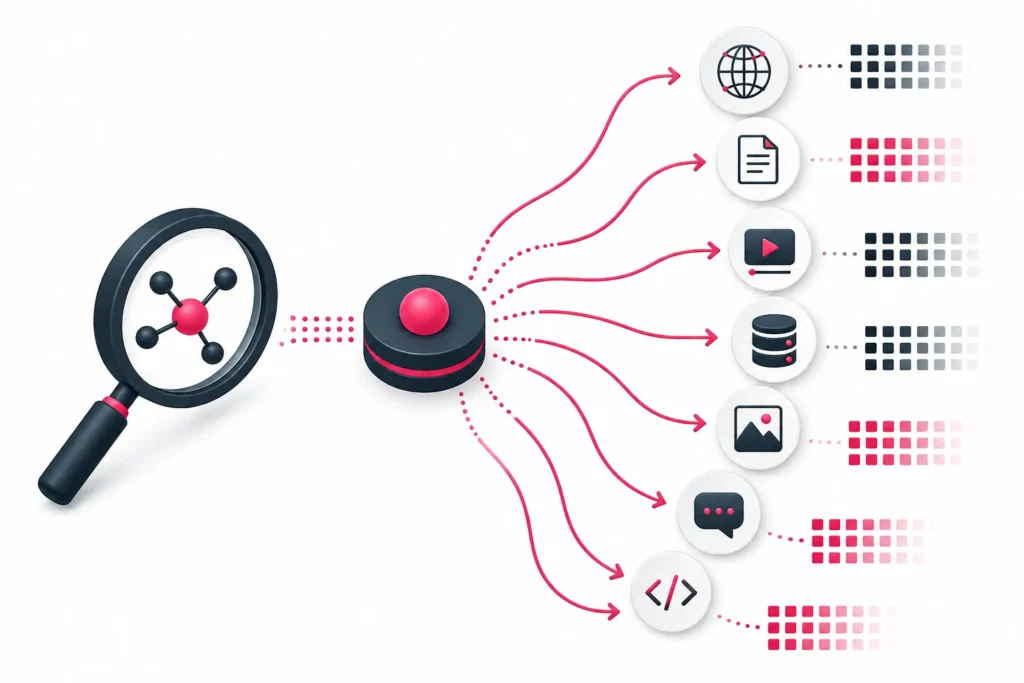 Query Fan-Out Darstellung: Eine zentrale Suchanfrage wird in mehrere parallele Teilabfragen zu verschiedenen Datenquellen wie Web, Dokumente, Videos und Datenbanken aufgeteilt