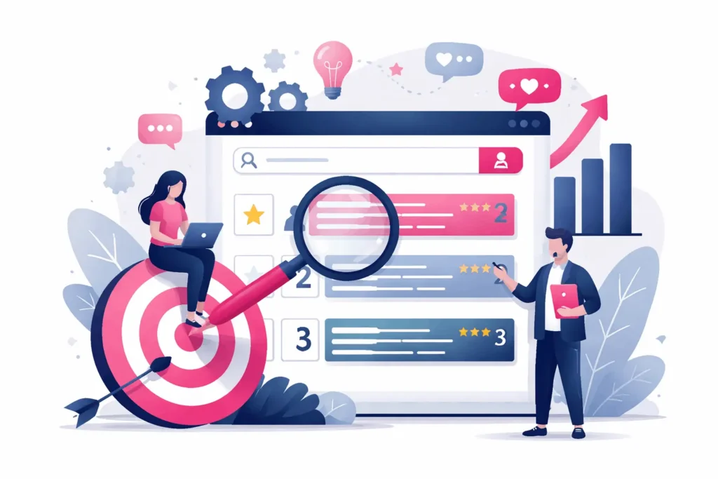 Abstrakte Illustration eines Suchsystems, das Dokumente und Entitäten bewertet und Suchergebnisse nach Relevanz ordnet.