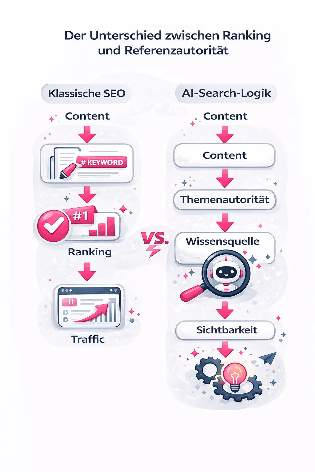Diagramm zum Unterschied zwischen klassischer SEO und AI-Search: Content führt zu Ranking und Traffic, während Content in AI-Search zu Themenautorität, Wissensquelle und Sichtbarkeit führt