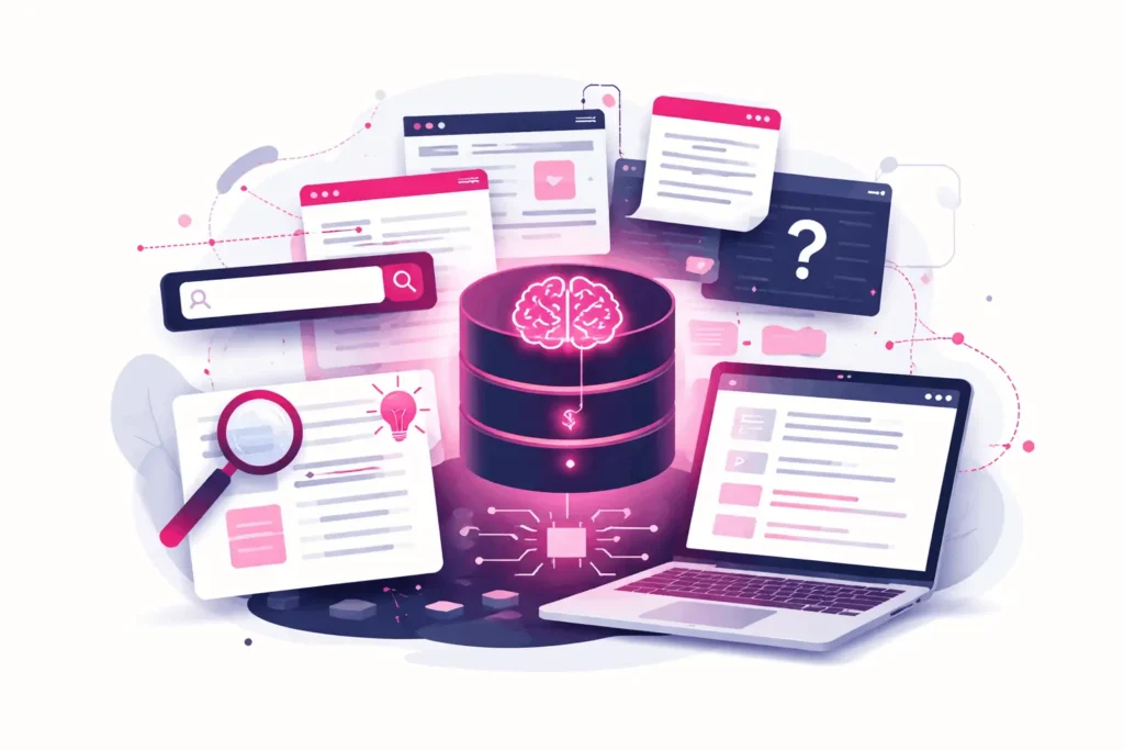 Illustration eines AI-Search-Systems, das Dokumente aus verschiedenen Quellen abruft und mithilfe eines neuronalen Modells zu einer Antwort kombiniert (Retrieval-Augmented Generation).