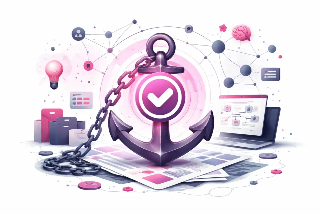 Visualisierung von Semantic Anchoring mit Anker als stabiler Bedeutungsanker in einem semantischen Netzwerk für AI Search und Generative SEO