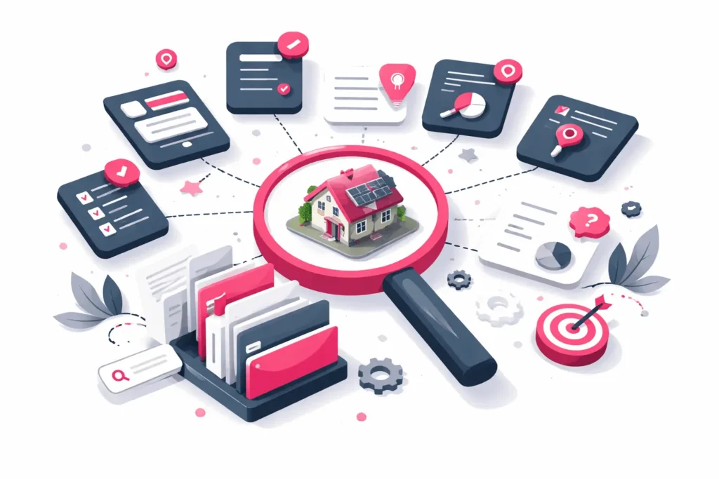 Illustration einer semantischen SEO-Analyse: Eine Lupe fokussiert eine zentrale Entität (Haus), die mit Dokumenten, Suchintentionen und Content-Elementen in einem Cluster verbunden ist.