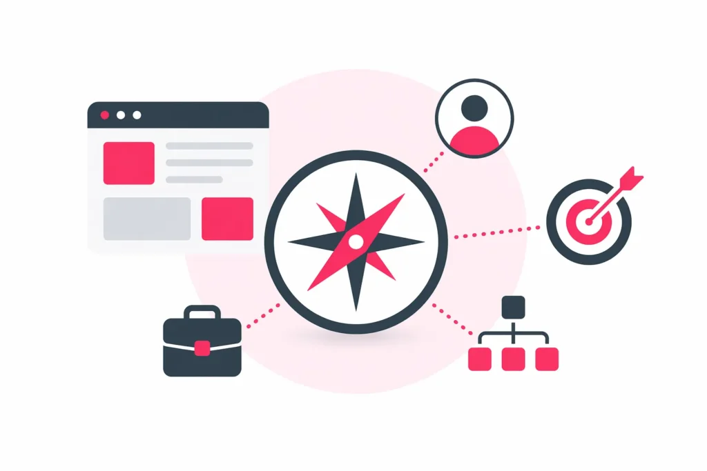 Minimalistische Illustration zum Source Context in der SEO mit Kompass als zentrales Element, verbunden mit Website, Zielscheibe, Nutzerprofil, Geschäftsmodell und Struktur auf weißem Hintergrund