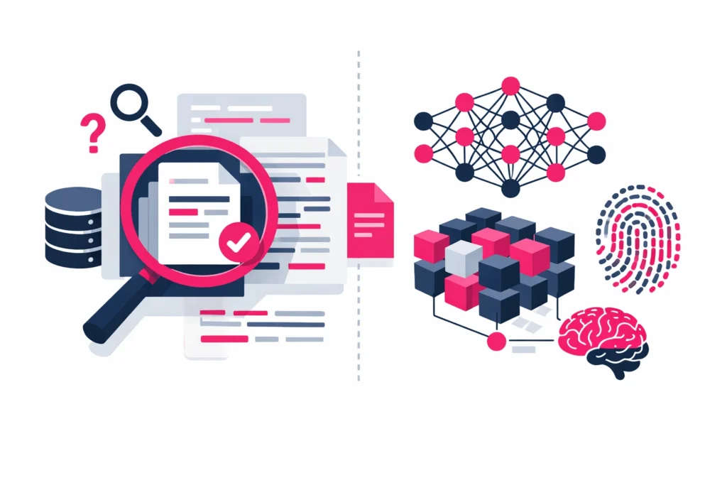 Illustration, die Sparse Retrieval mit keywordbasierter Dokumentensuche und Dense Retrieval mit neuronalen Netzwerken und Vektorraumdarstellung vergleicht.