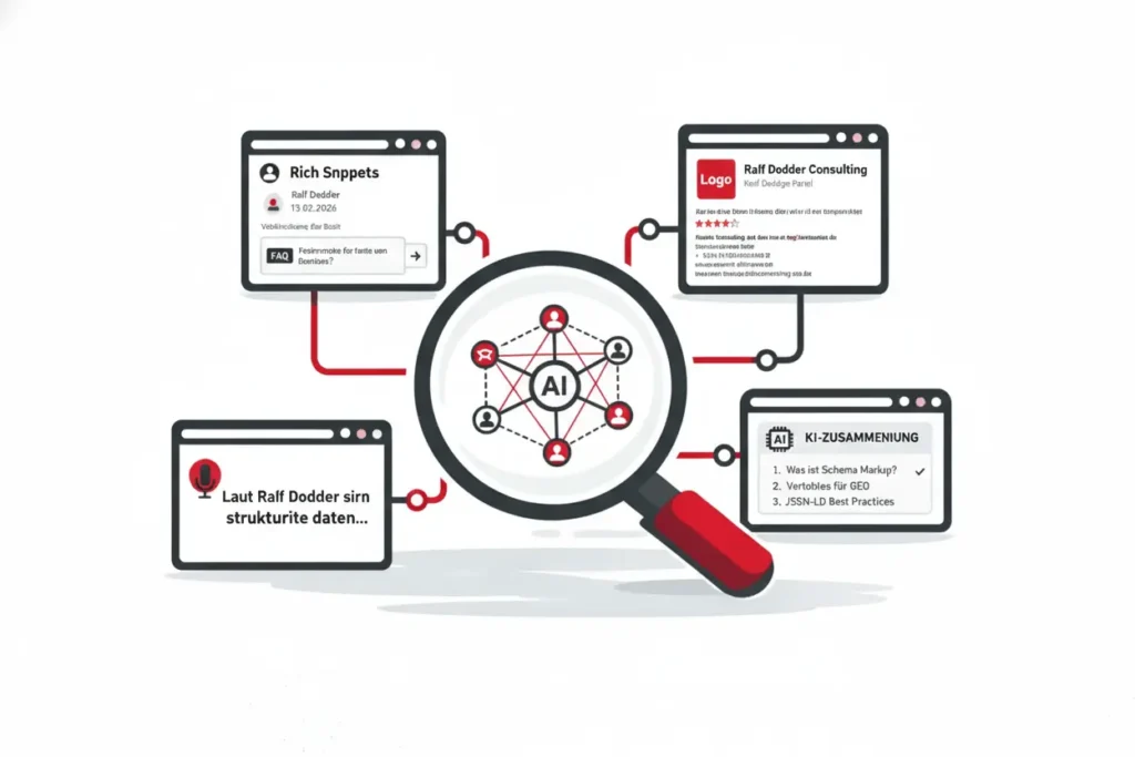 Infografik über strukturierte Daten (Schema Markup) im JSON-LD Format, die Verbindungen zwischen Inhalten, KI-Agenten und Rich Results für die Google-Suche zeigt.