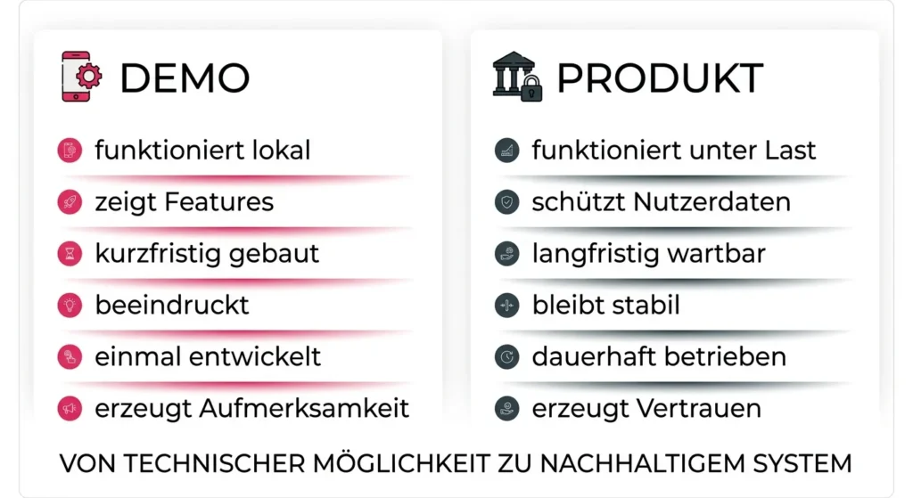 Infografik, die die Unterschiede zwischen einem Demo-Prototypen (links, Magenta) und einem fertigen Softwareprodukt (rechts, Dunkelblau) vergleicht. Punkte sind u.a.: lokal vs. unter Last, Features zeigen vs. Nutzerdaten schützen, kurzfristig vs. langfristig wartbar. Unten steht: Von technischer Möglichkeit zu nachhaltigem System.