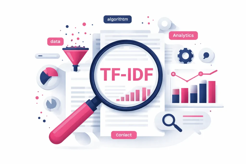 Abstrakte Darstellung von TF-IDF zur Gewichtung von Begriffen für Relevanz in Suchsystemen mit Diagrammen und Analyse-Elementen
