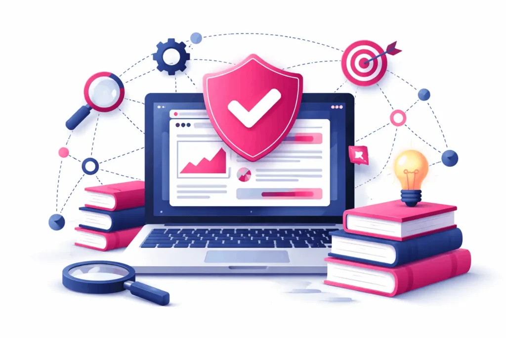 Illustration einer Website mit Wissensstruktur, Büchern und vernetzten Elementen als Symbol für Topical Authority, thematische Autorität und strukturierte Inhalte in SEO und AI-Search.