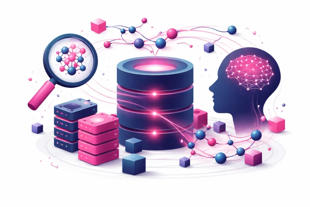 Illustration von Vector Indexing mit Embeddings, Datenbankstruktur und semantischer Suche in AI Search Systemen
