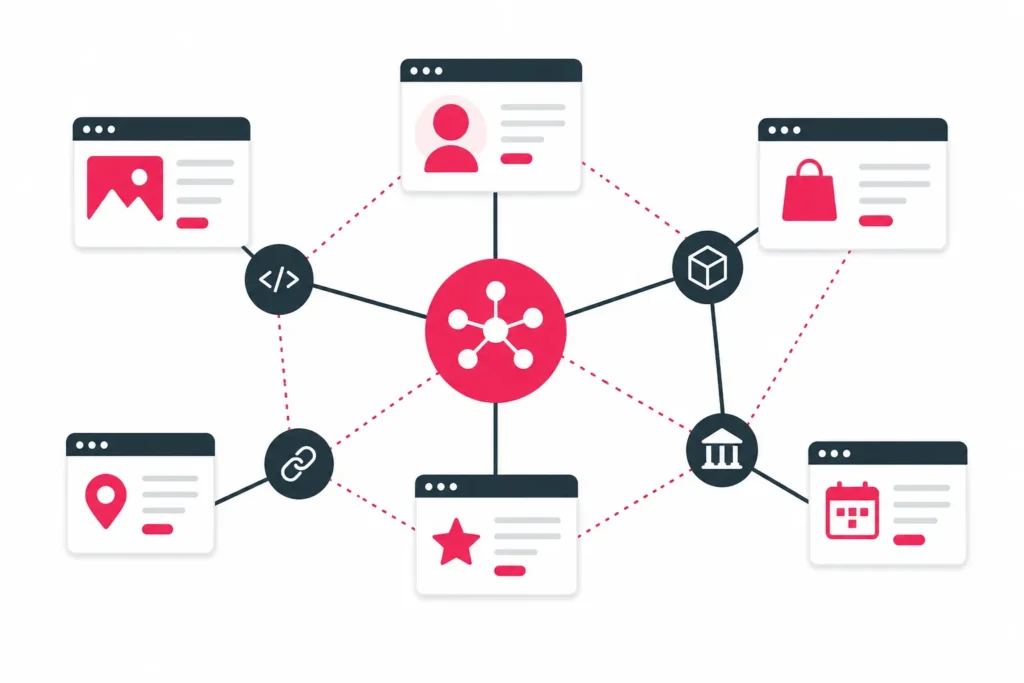 Illustration zu verbundenes Schema-Markup mit vernetzten strukturierten Daten und semantischen Beziehungen für KI-gestützte Suche